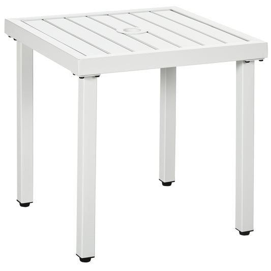 Outsunny Garden Side Table End Table Patio Coffee Table with Umbrella Hole, Steel Frame, White