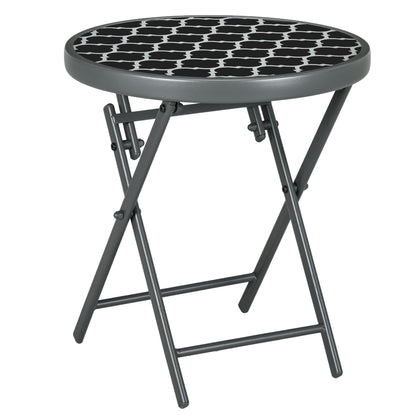 Outsunny Garden Small Coffee Side Table, Outdoor Round Folding Patio Table with Imitation Marble Glass Top