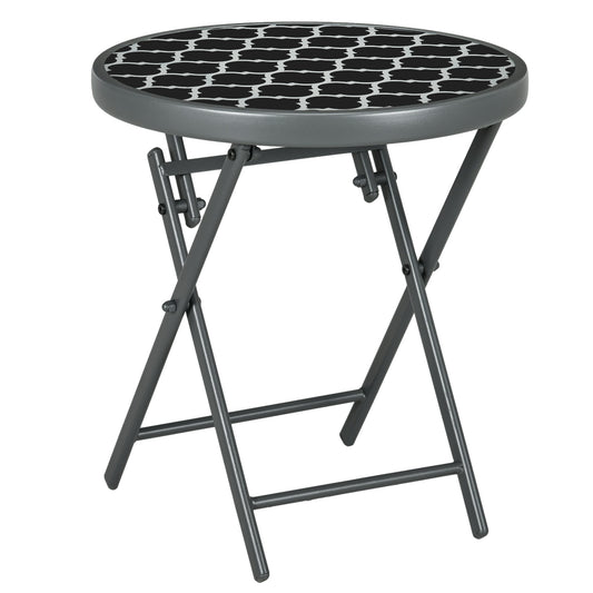 Outsunny Garden Small Coffee Side Table, Outdoor Round Folding Patio Table with Imitation Marble Glass Top