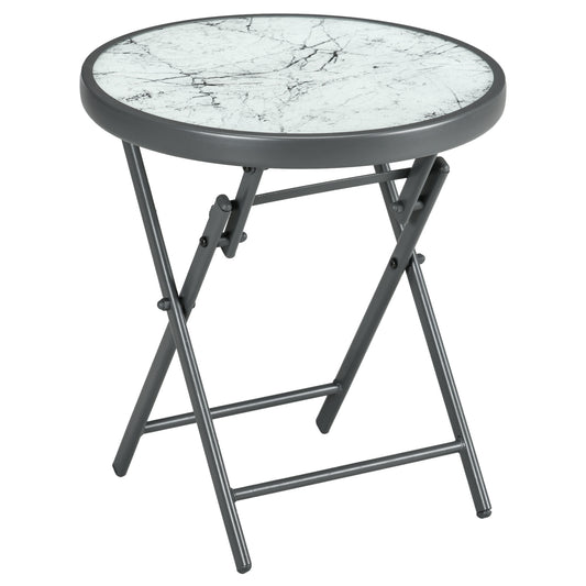 Outsunny Garden Small Coffee Side Table, Outdoor Round Folding Patio Table with Marble Glass Top, White