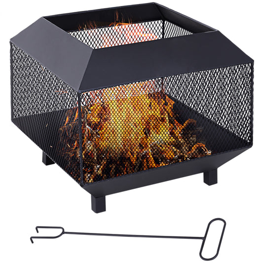 Outsunny Metal Square Fire Pit Outdoor Mesh Firepit Brazier w/ Lid, Log Grate, Camping, Bonfire, Wood Burning Stove, Black