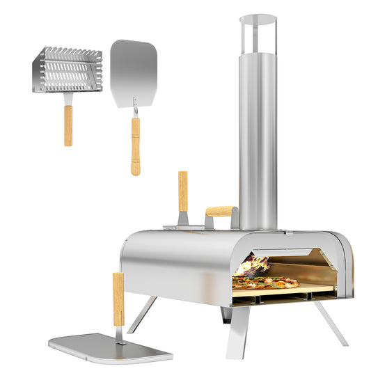 Outsunny Wood Fired Pizza Oven, Portable Wood Pellet Pizza Maker with Pizza Stone and Peel, Foldable Legs, Chimney for Outdoor Cooking