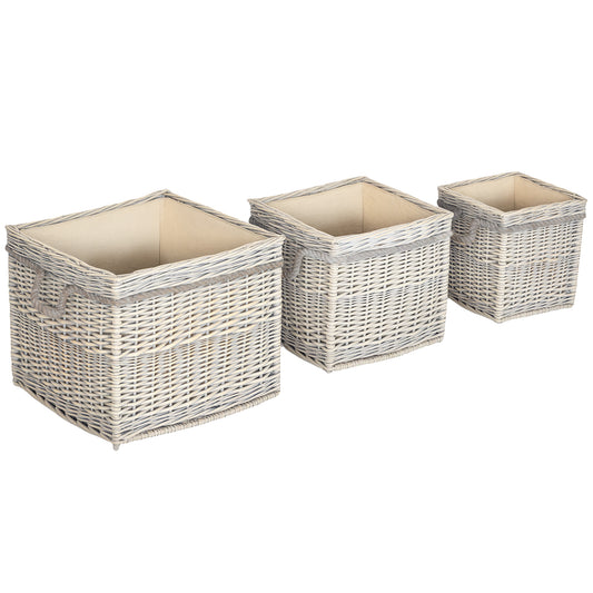 Outsunny Set of 3 Log Baskets for Wood Burner Indoor, Storage Wicker Basket with Rope Handles, Beige