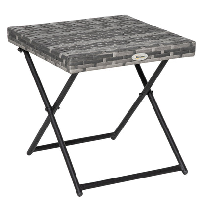 Outsunny Square PE Wicker Weave Rattan Folding Table, Weather Resistant Side Table with Steel Frame, Grey