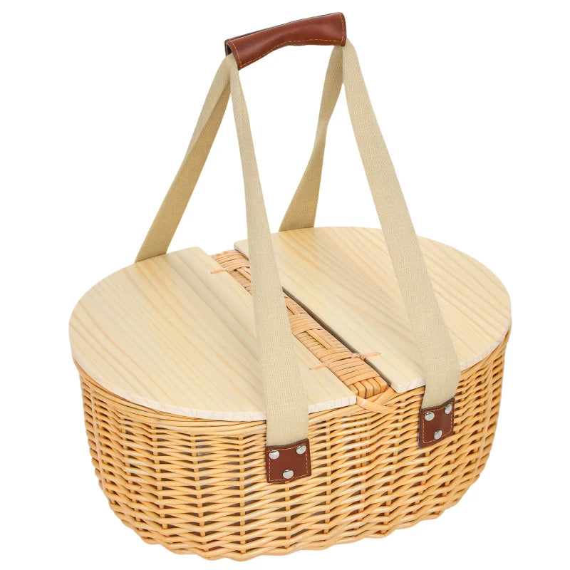 Outsunny Wicker Picnic Basket for 2 with Pine Wood Lid, Picnic Hamper with Cooler Compartment, Carry Handle for Camping, Outdoor, Light Brown