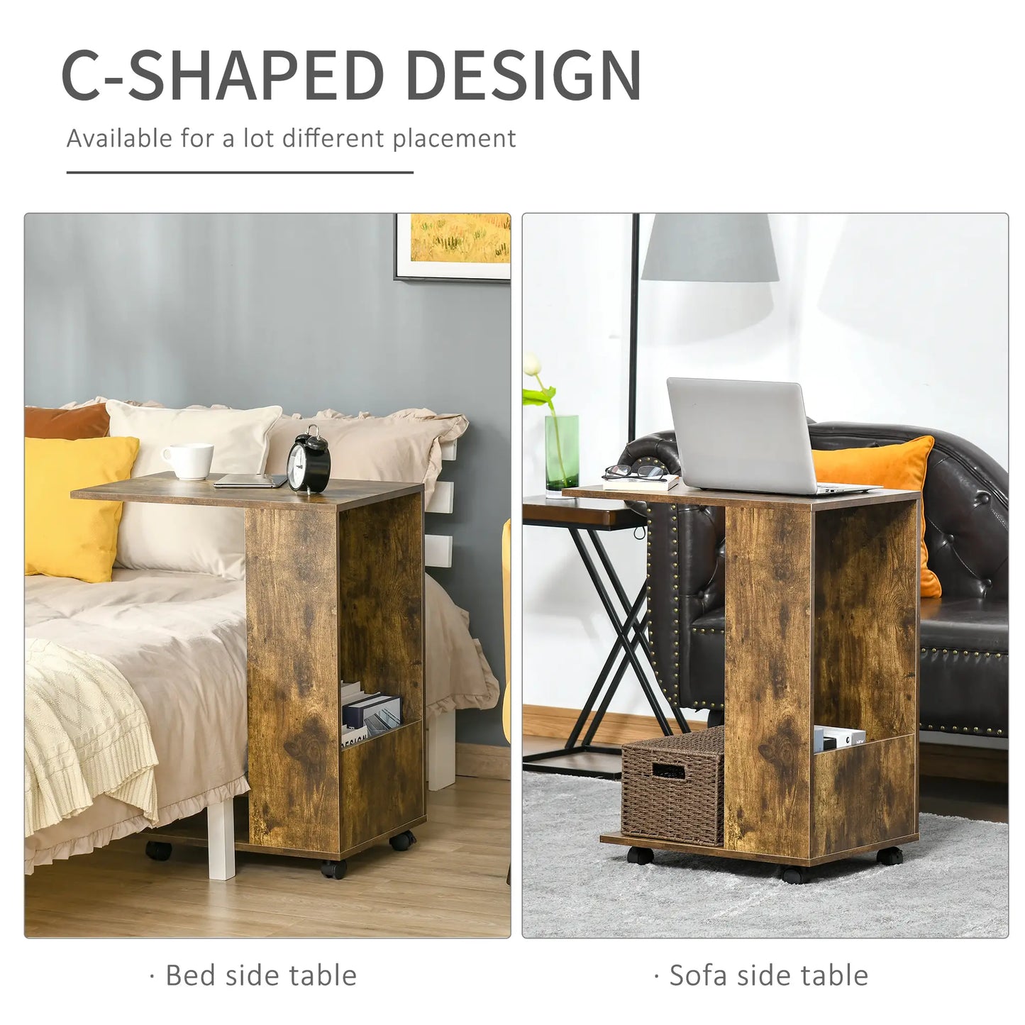 HOMCOM Mobile Sofa Side Table C-Shape End Table with Storage & Casters for Laptop Coffee Snack, Rustic Brown