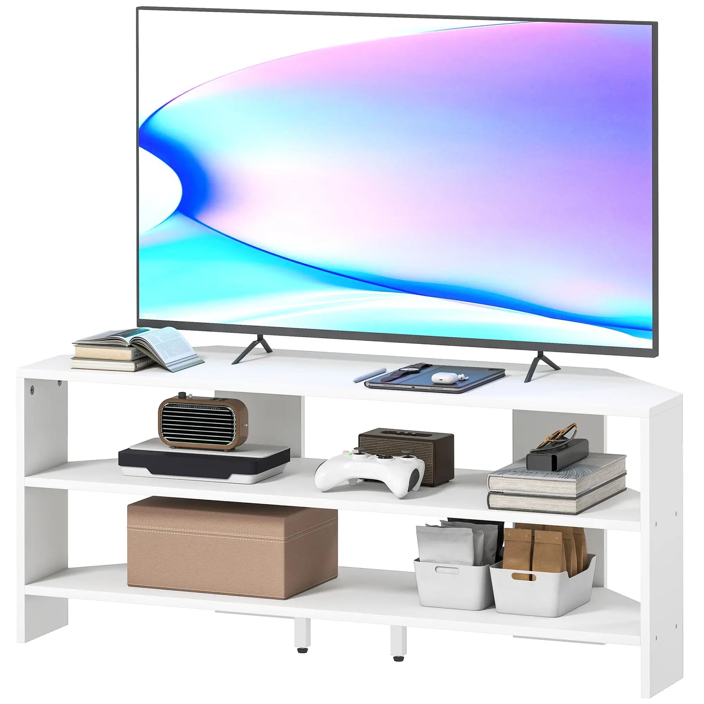 HOMCOM Corner TV Stand with 2 Open Shelves for 47 Inch TV - White