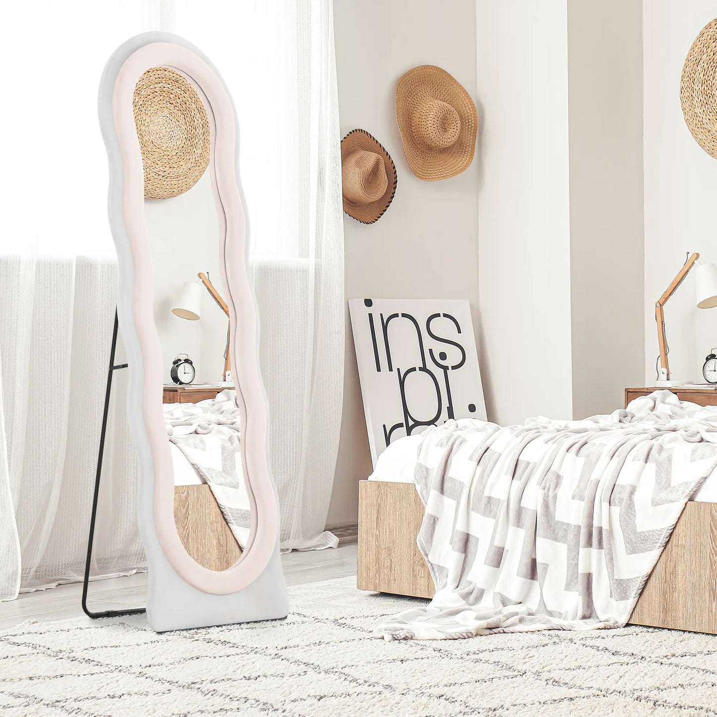 HOMCOM Wavy Velvet-Feel Modern Full Length Mirror, Engineered Wood - Pink
