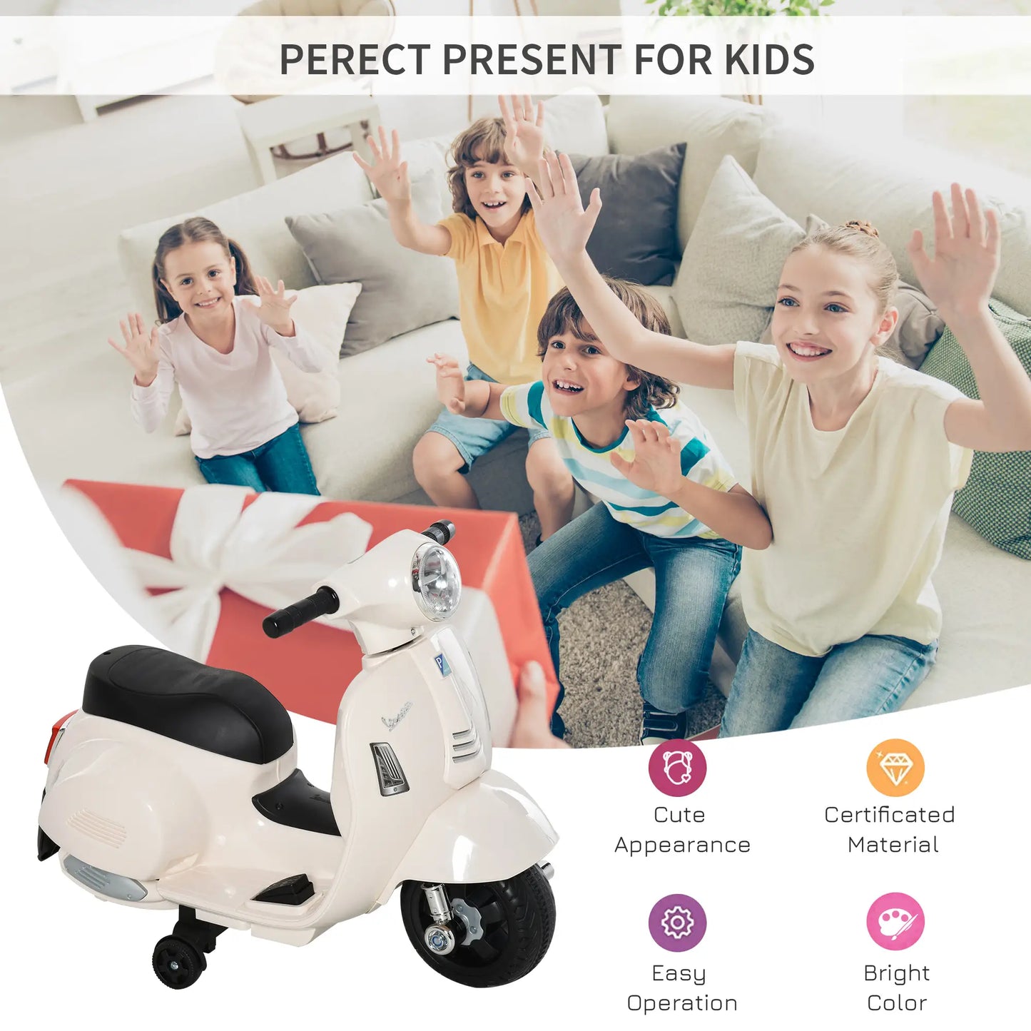 HOMCOM Vespa Licensed 6V Kids Electric Motorbike Ride On Motorcycle Battery Powered for 18-36 Months White