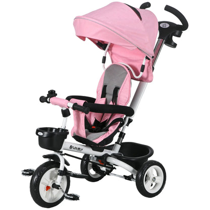 HOMCOM Metal Frame 6 in 1 Baby Push Tricycle with Parent Handle for 1-5 Years Old, Pink