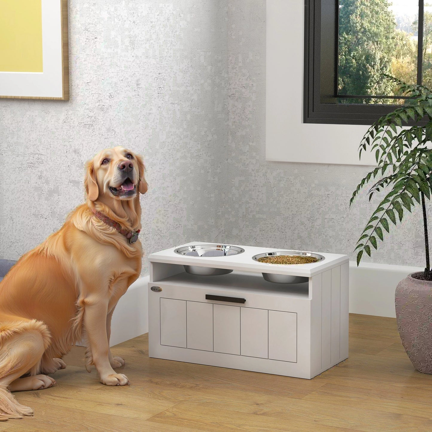 PawHut Raised Dog Bowl with Slow Feeder, Two Stainless Steel Bowls, Drawer for Large & Extra Large Dogs, White