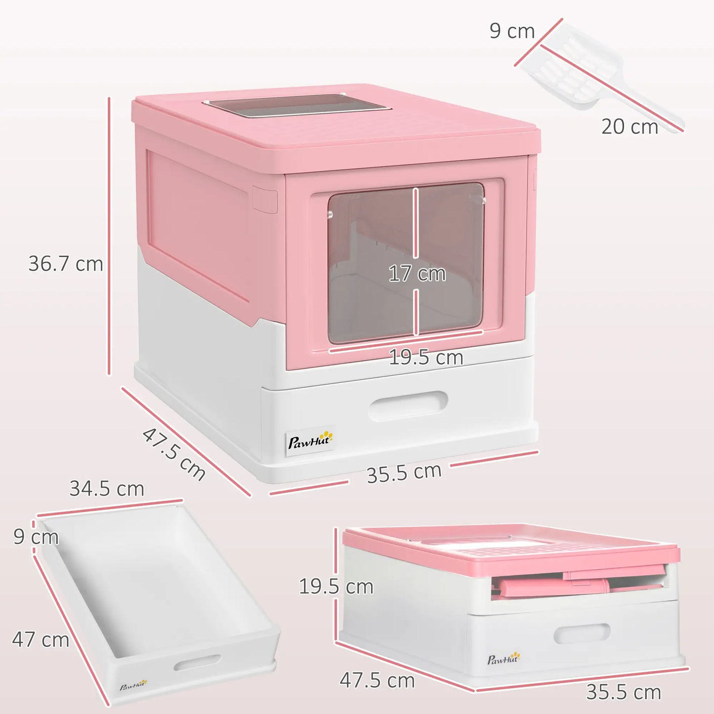 PawHut Hooded Cat Litter Box, Portable Pet Toilet with Scoop, Front Entry - Pink