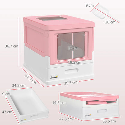 PawHut Hooded Cat Litter Box, Portable Pet Toilet with Scoop, Front Entry - Pink