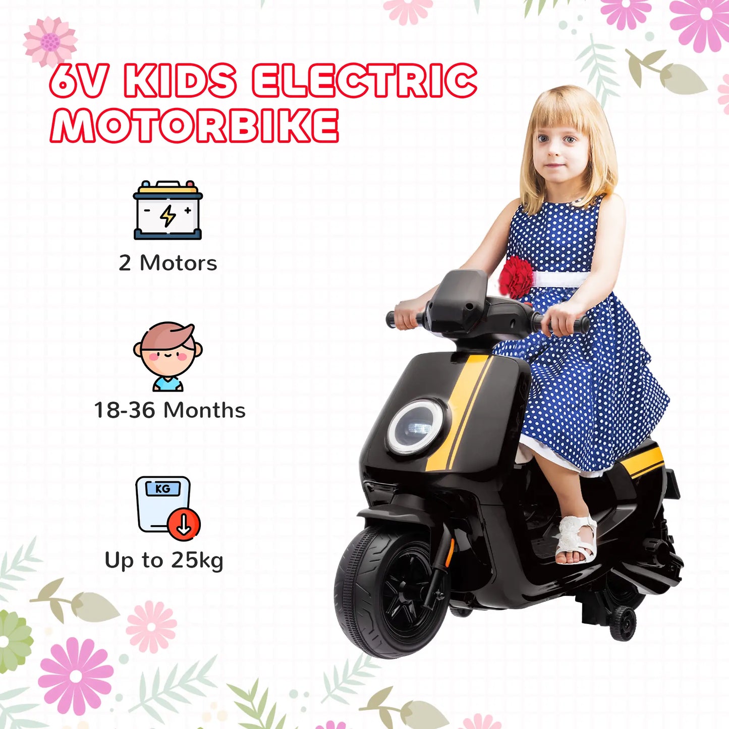 AIYAPLAY 6V Ride on Motorbike, Kids Electric Motorbike w/ Headlights, Music, Training Wheels, for 18-36 Months, Black