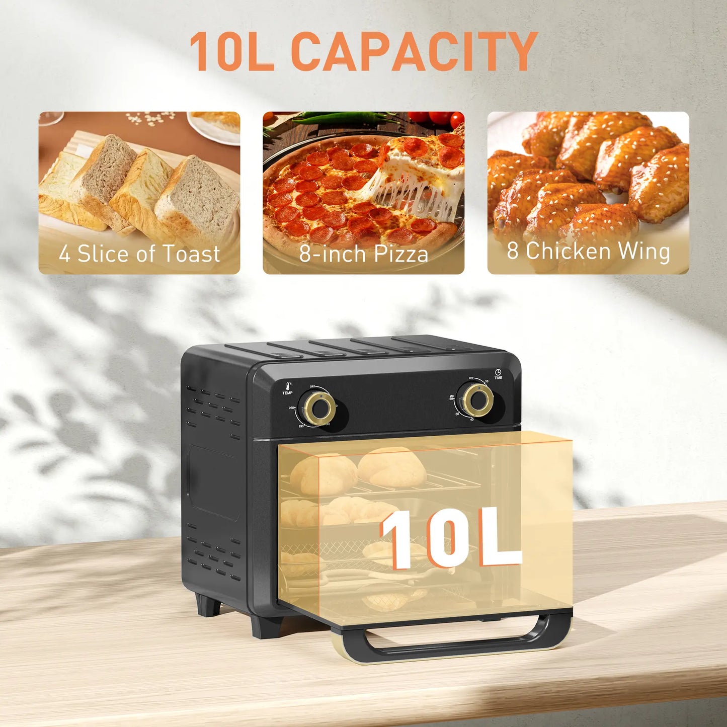 HOMCOM 10L Air Fryer Mini Oven, Oil Free Cooking, Grill, Roast, Bake, with Adjustable Temperature, Timer, 1000W, Black