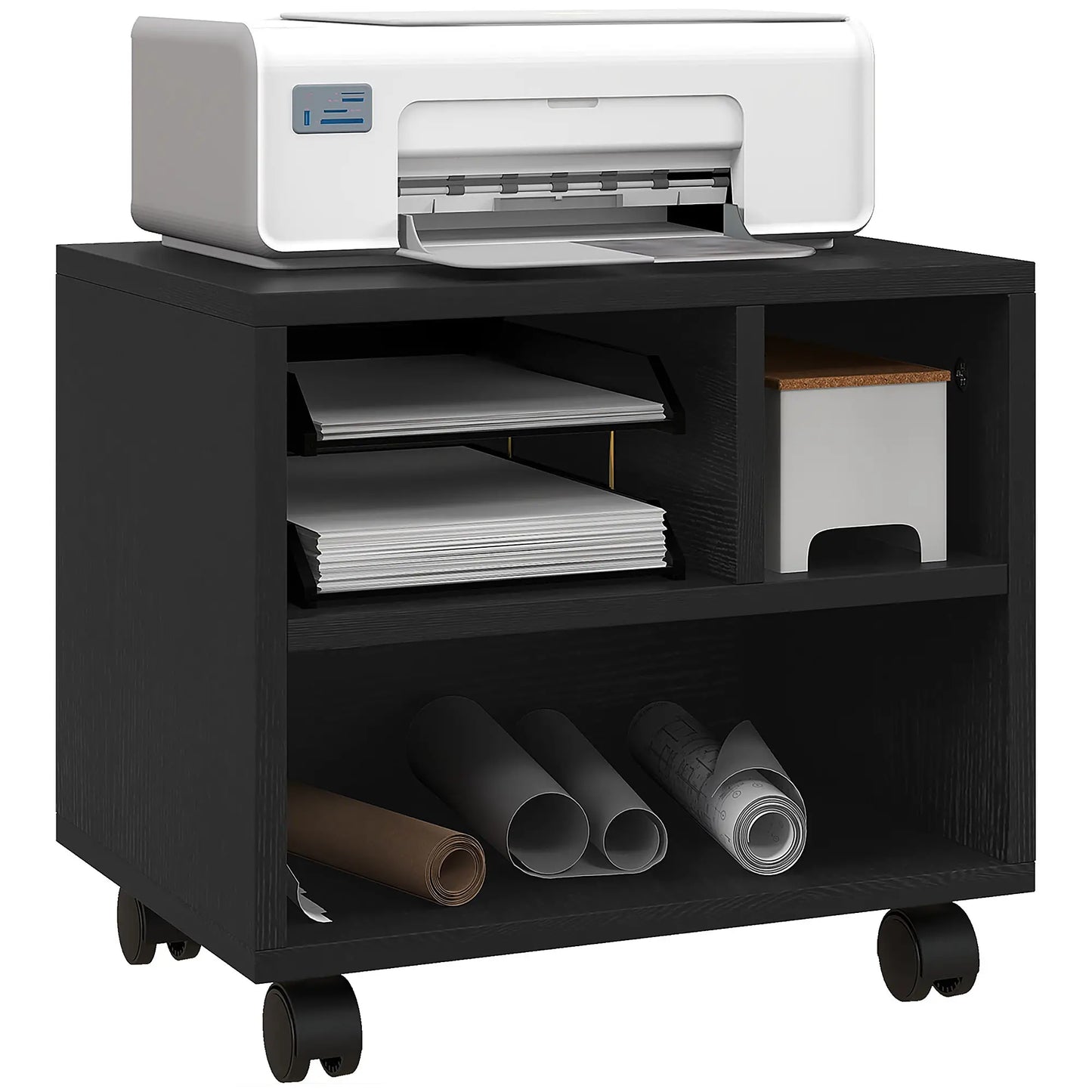 HOMCOM Three-Compartment Office Storage Printer Cabinet, with Wheels - Black