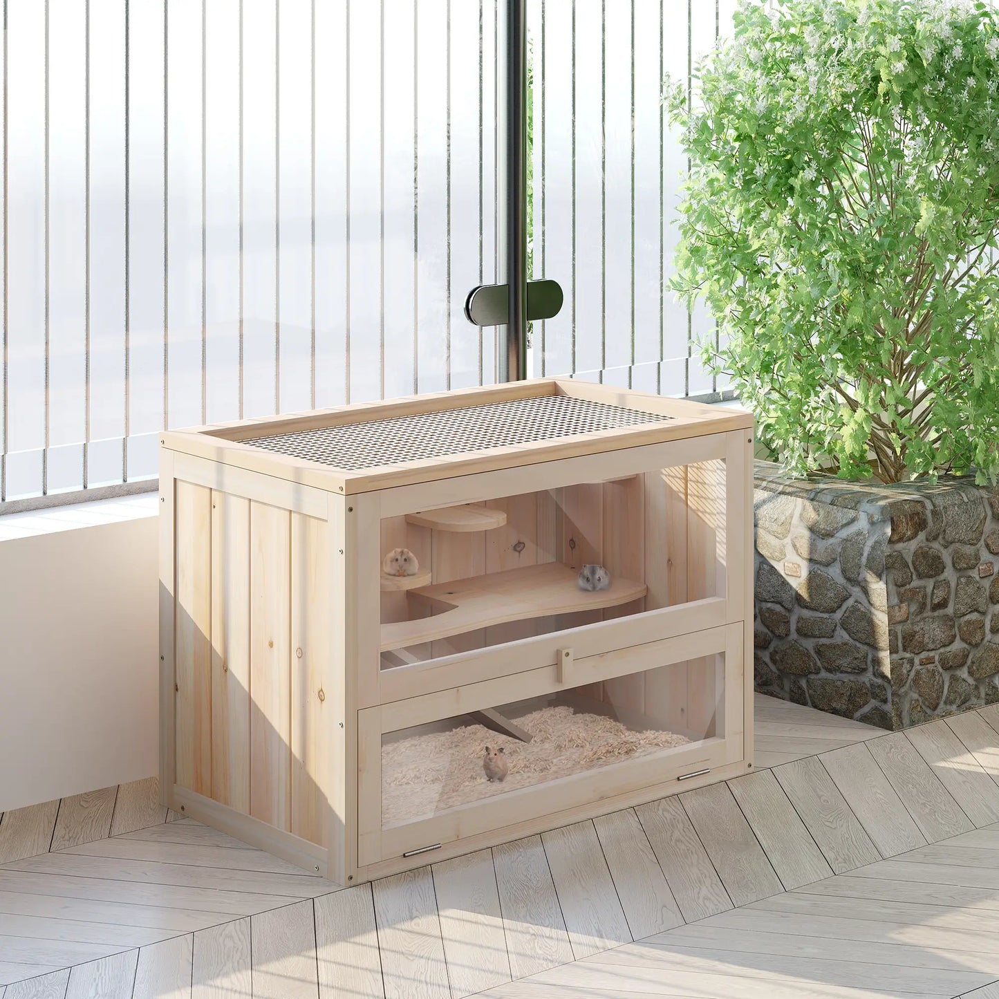PawHut Wooden Hamster Cage Mouse Mice Rodent Small Animals Hutch Exercise Play House, Natural Wood Finish