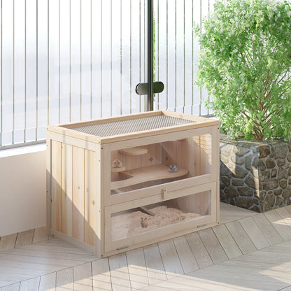 PawHut Wooden Hamster Cage Mouse Mice Rodent Small Animals Hutch Exercise Play House, Natural Wood Finish