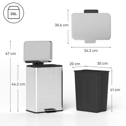 HOMCOM 20L Kitchen Bin with Soft-Close Lid & Stay-Open Function with Pedal & Removable Inner Bucket, Silver Tone
