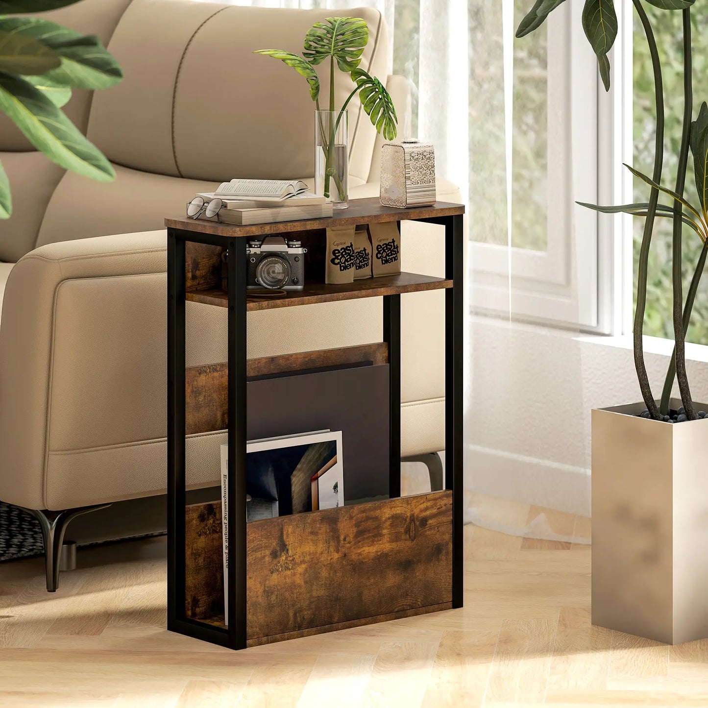 HOMCOM Industrial-Style Side Table, Wood-Effect Bedside Table with Metal Frame - Black/Brown
