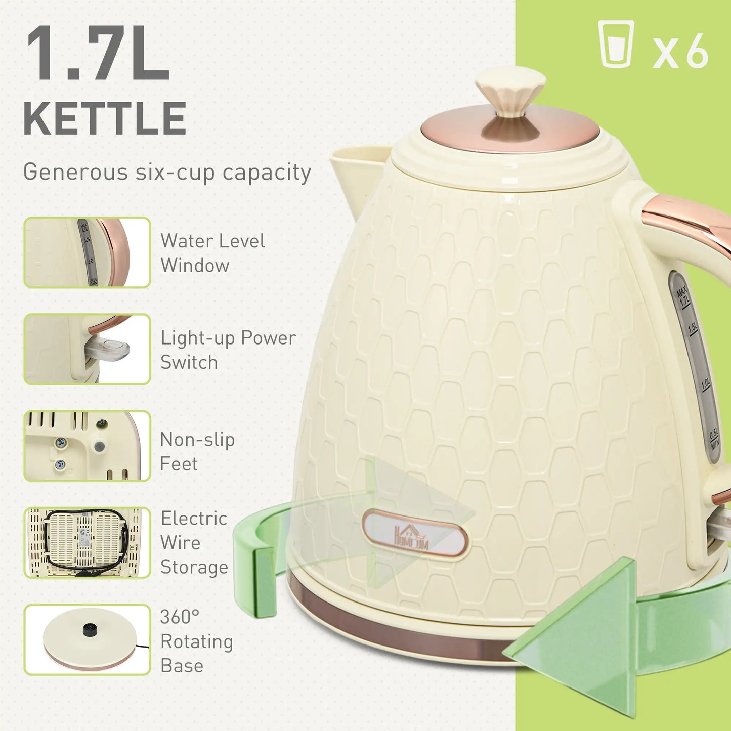 HOMCOM Kettle and Toaster Set, 1.7L 3000W Fast Boil Jug Kettle with Auto Shut Off, 4 Slice Toaster with 7 Level Browning Controls, Beige