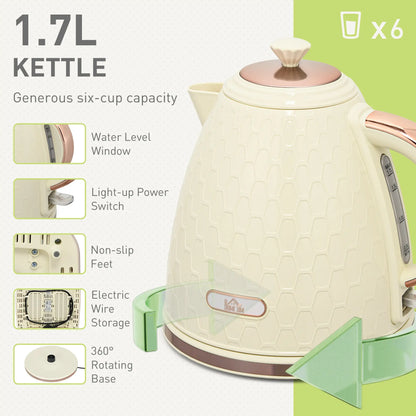 HOMCOM Kettle and Toaster Set, 1.7L 3000W Fast Boil Jug Kettle with Auto Shut Off, 4 Slice Toaster with 7 Level Browning Controls, Beige