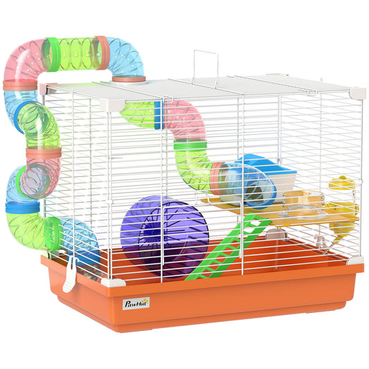 PawHut 2 Tier Hamster Cage, Gerbil Cage with Handle, Exercise Wheels, Tunnel, Water Bottle, Ladder for Dwarf