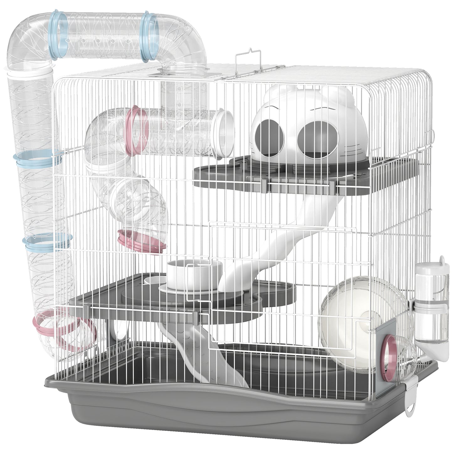 PawHut 3-Tier Hamster Cage with Exercise Wheels, Water Bottle, Food Dish, for Dwarf Hamsters, Grey
