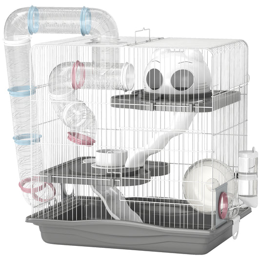 PawHut 3-Tier Hamster Cage with Exercise Wheels, Water Bottle, Food Dish, for Dwarf Hamsters, Grey
