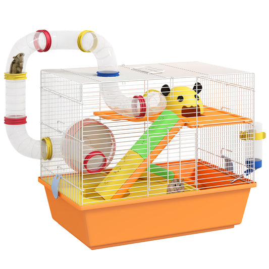 PawHut 3 Tiers Gerbil Cage, Hamster Cage with Tubes, Exercise Wheel, Ladder, Top Handle - Orange