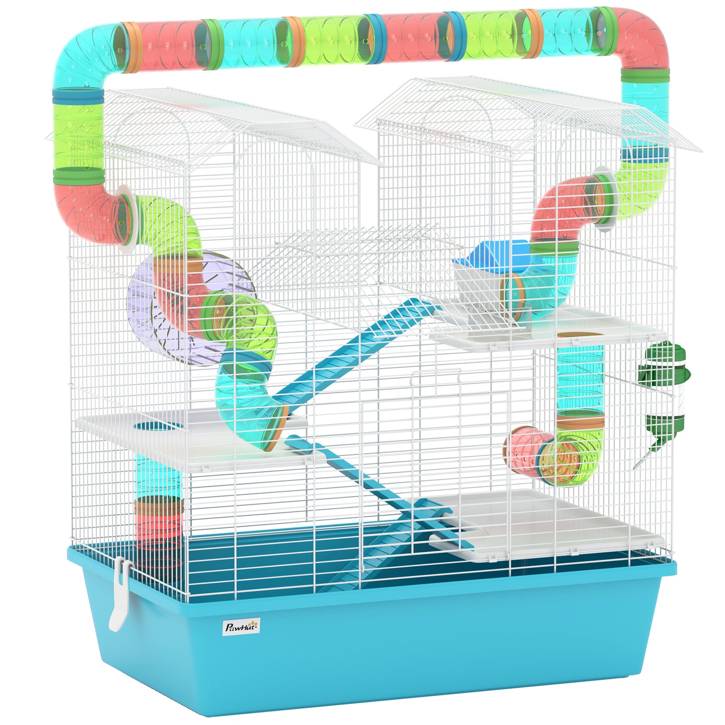 PawHut 4 Tier Hamster Cage w/ Tubes, Exercise Wheel, Hut, Water Bottle, Ramps for Dwarf Hamster, Light Blue