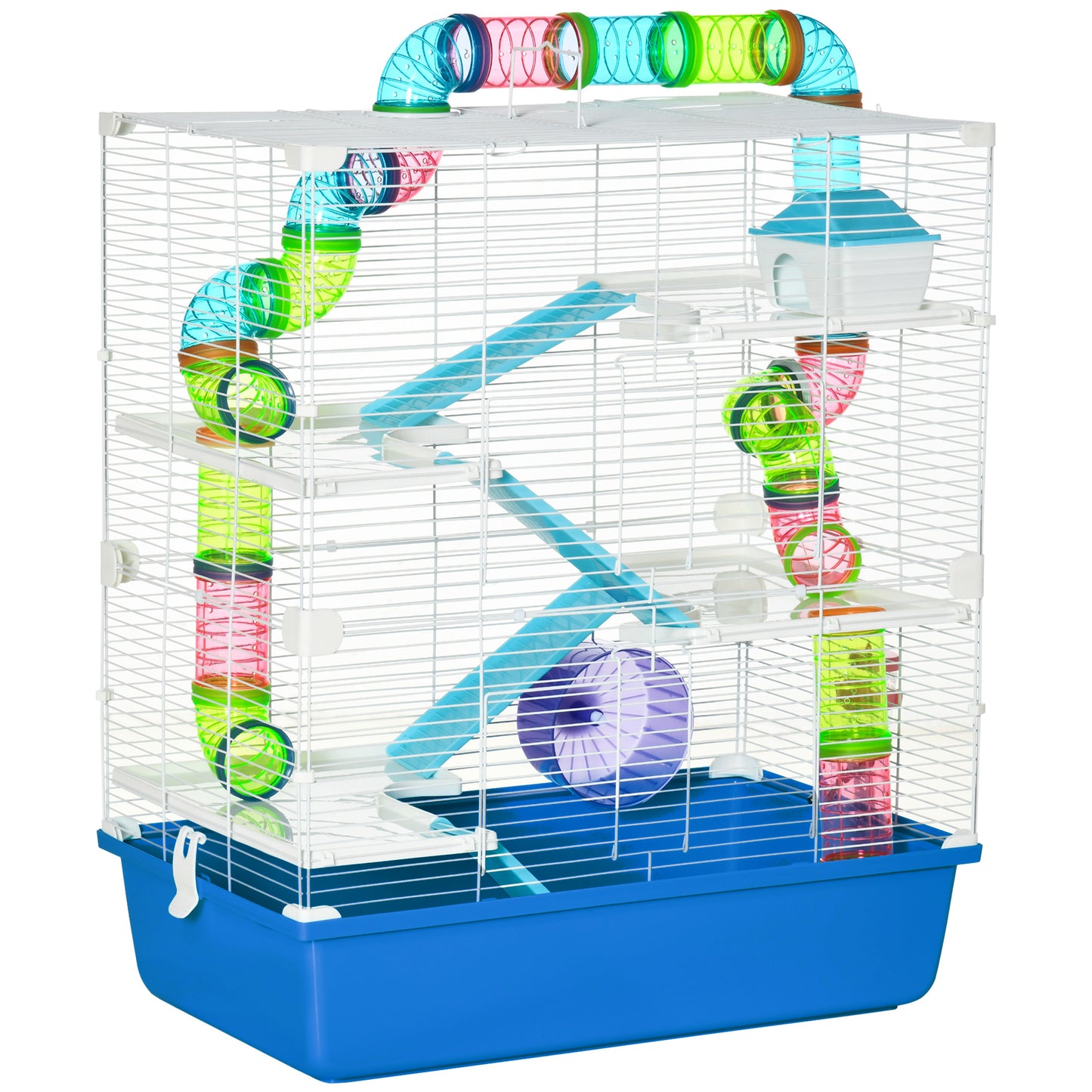 PawHut 5 Tier Hamster Cage, Gerbil Cage with Exercise Wheel, Feeder Bowl, Tube - Blue