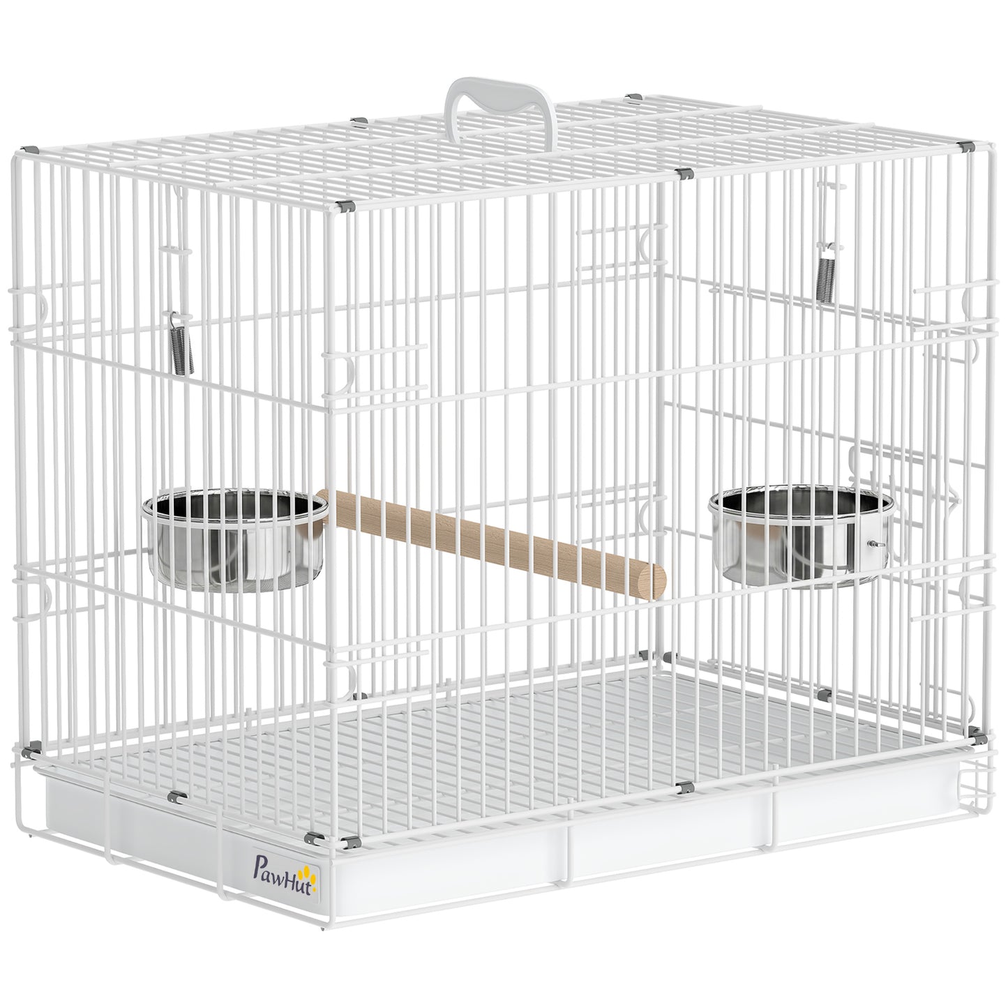 PawHut Bird Cage Foldable Portable Budgie Cage with Wooden Perch 2 Bowls for Travel, White