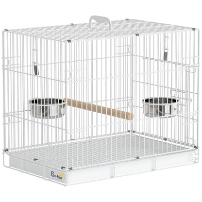 PawHut Bird Cage Foldable Portable Budgie Cage with Wooden Perch 2 Bowls for Travel, White