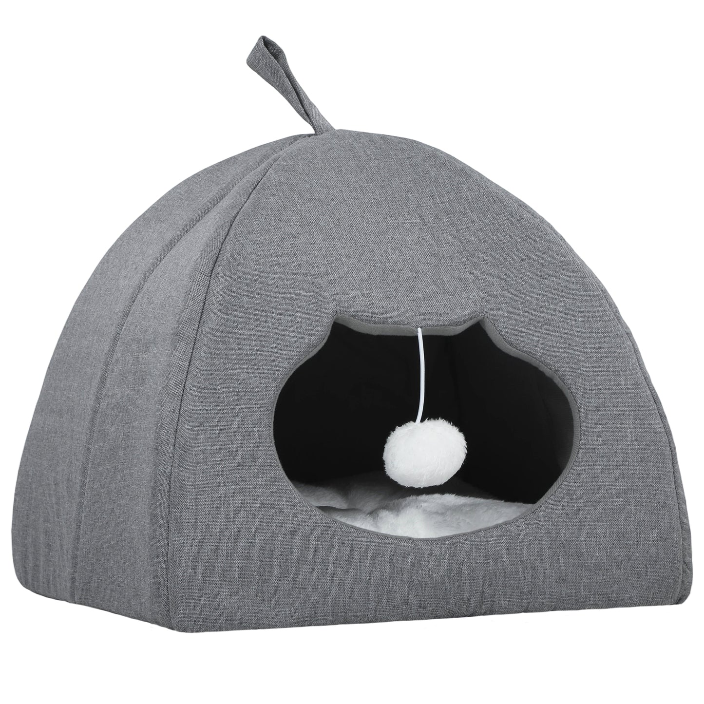 PawHut Cat Cave Bed for Indoor Kittens, Cat House with Removable Cushion and Teaser Ball, Kitty Igloo, Grey
