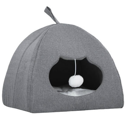 PawHut Cat Cave Bed for Indoor Kittens, Cat House with Removable Cushion and Teaser Ball, Kitty Igloo, Grey