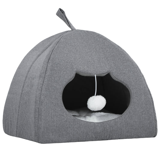 PawHut Cat Cave Bed for Indoor Kittens, Cat House with Removable Cushion and Teaser Ball, Kitty Igloo, Grey
