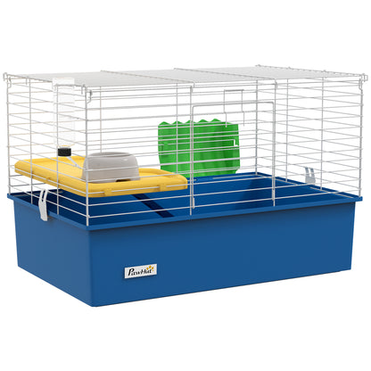 PawHut Chinchillas Small Rabbit Guinea Pig Small Animal Cage, Pet Playhouse with Platform, Ramp, Blue