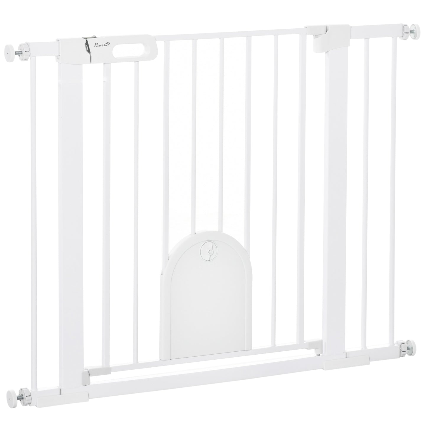 PawHut Dog Gate with Cat Flap Pet Safety Gate Barrier, Stair Pressure Fit, Auto Close, Double Locking, for Doorways, White