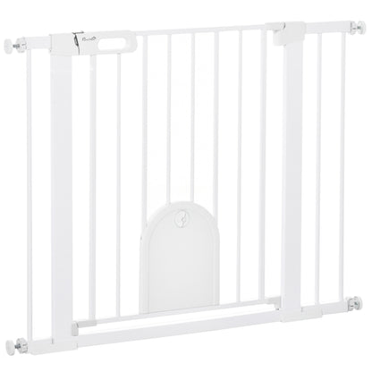 PawHut Dog Gate with Cat Flap Pet Safety Gate Barrier, Stair Pressure Fit, Auto Close, Double Locking, for Doorways, White