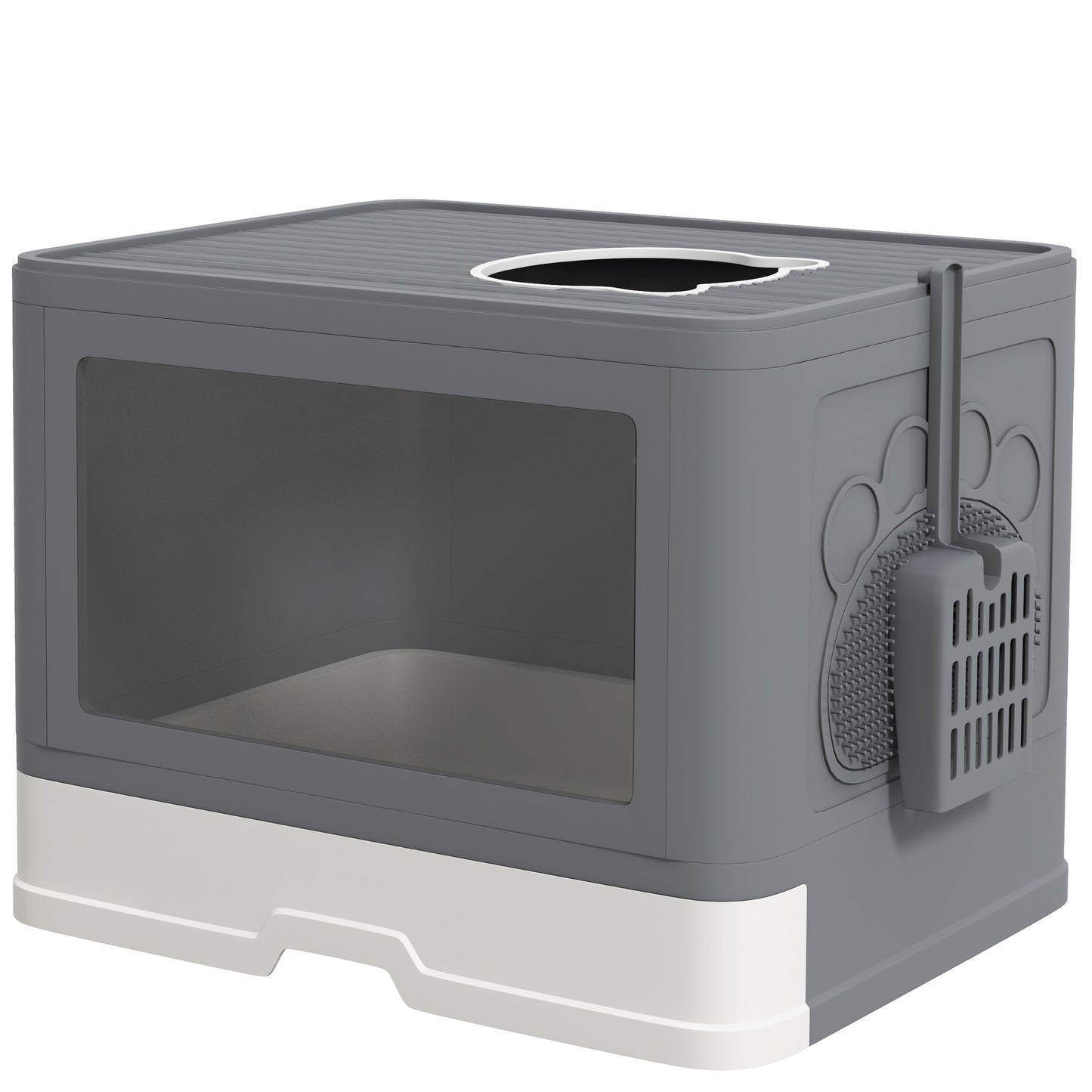 PawHut Enclosed Cat Litter Box with Lid, Front Entry, Top Exit, Drawer, Tray, Scoop, Brush - Grey
