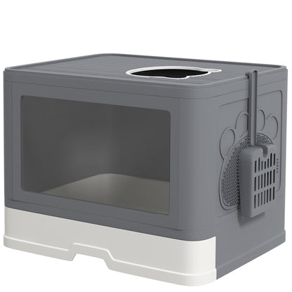 PawHut Enclosed Cat Litter Box with Lid, Front Entry, Top Exit, Drawer, Tray, Scoop, Brush - Grey