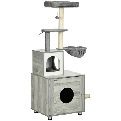 PawHut Enclosed Cat Litter Box with Cat House, Cat Bed, Scratching Posts for Indoor Cats - Grey