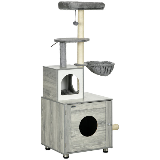 PawHut Enclosed Cat Litter Box with Cat House, Cat Bed, Scratching Posts for Indoor Cats - Grey