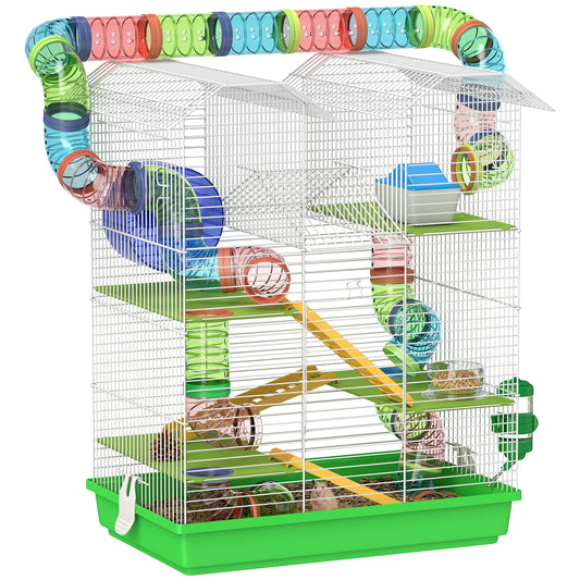 PawHut Hamster Cage, 5 Tier Carrier Habitat with Exercise Wheels Tunnel Tube, Gerbil Cage for Dwarf Mice, Green
