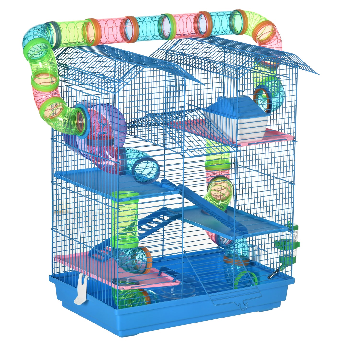 PawHut Hamster Cage, 5 Tier Carrier Habitat with Exercise Wheels Tunnel Tube House Ladder, Gerbil Cage for Dwarf Mice, Blue