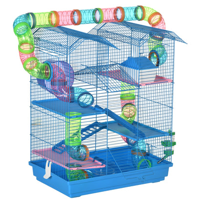 PawHut Hamster Cage, 5 Tier Carrier Habitat with Exercise Wheels Tunnel Tube House Ladder, Gerbil Cage for Dwarf Mice, Blue