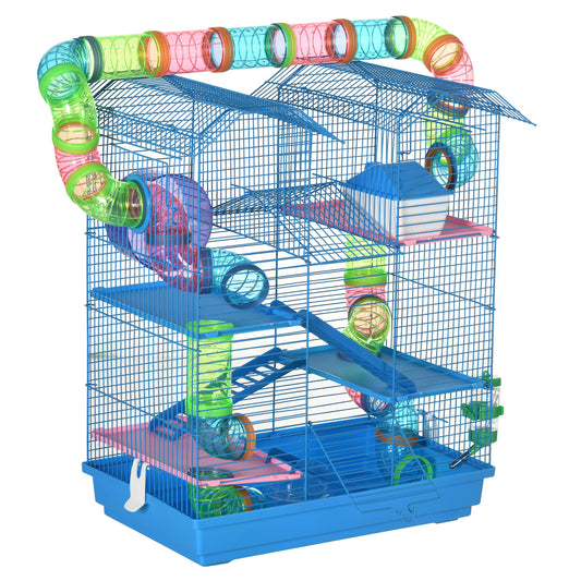 PawHut Hamster Cage, 5 Tier Carrier Habitat with Exercise Wheels Tunnel Tube House Ladder, Gerbil Cage for Dwarf Mice, Blue