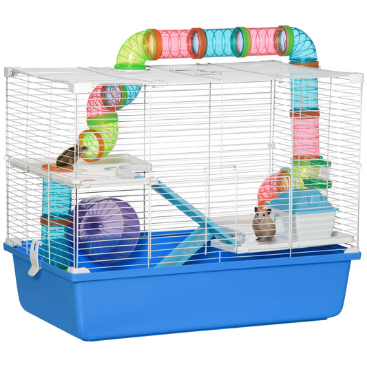 PawHut Hamster Cage, Gerbil Cage 3 Tier for Dwarf Hamster with Tube, Exercise Wheel, Water Bottle, Food Dish - Blue