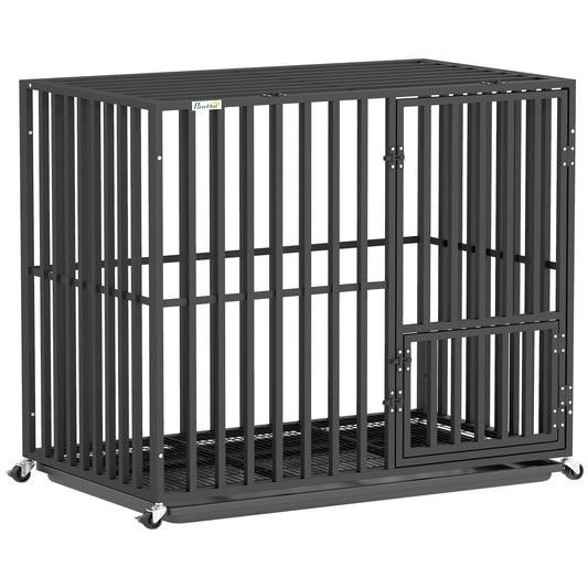 PawHut Heavy Duty Dog Crate, Dog Cage with Wheels for Small Medium Breeds, Metal Pet Kennel